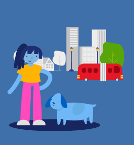 Smiling girl and dog with the city behind