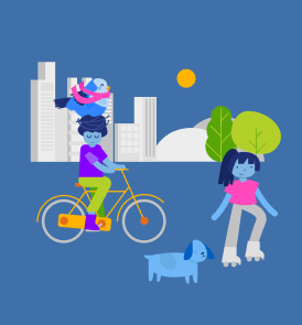 Girl, dog, boy and bird in the boy's head all happy in the city