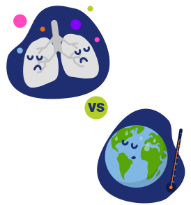 Unhealthy lungs vs sad and sweating planet earth with a thermometer.