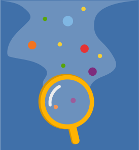 Magnifying glass with circles that represent particles